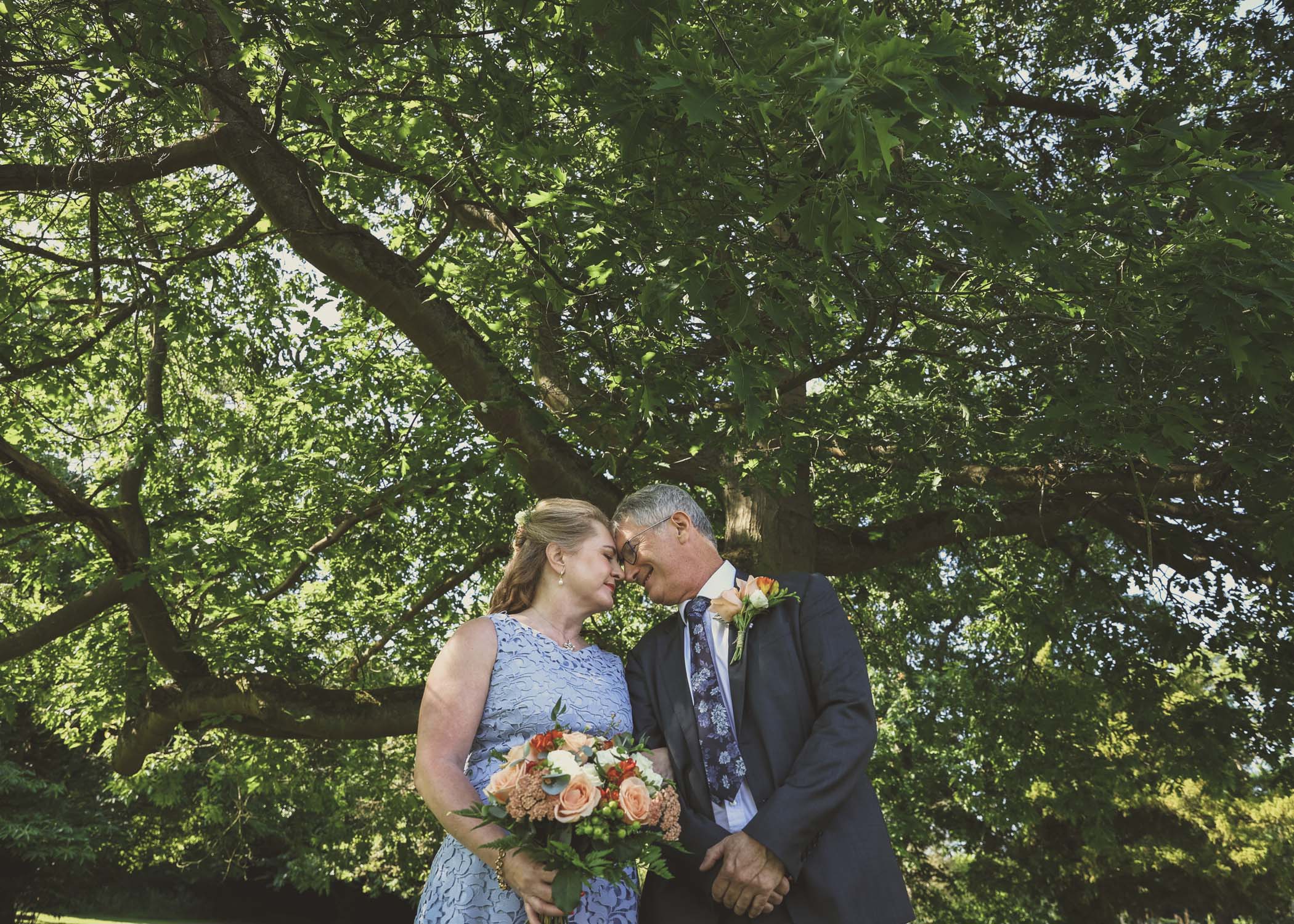A bride and groom with their heads touching under a tree on a wedding day in Woodbridge captured by Suffolk Wedding Photographer Hayley Denston Photography